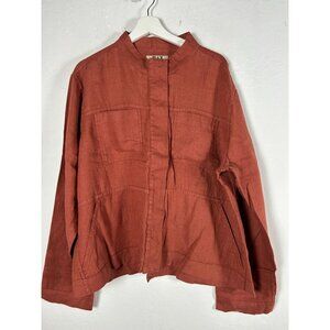 Flax Women’s Rust Linen Button-Up Military Jacket Pockets Large Lightweight NWOT